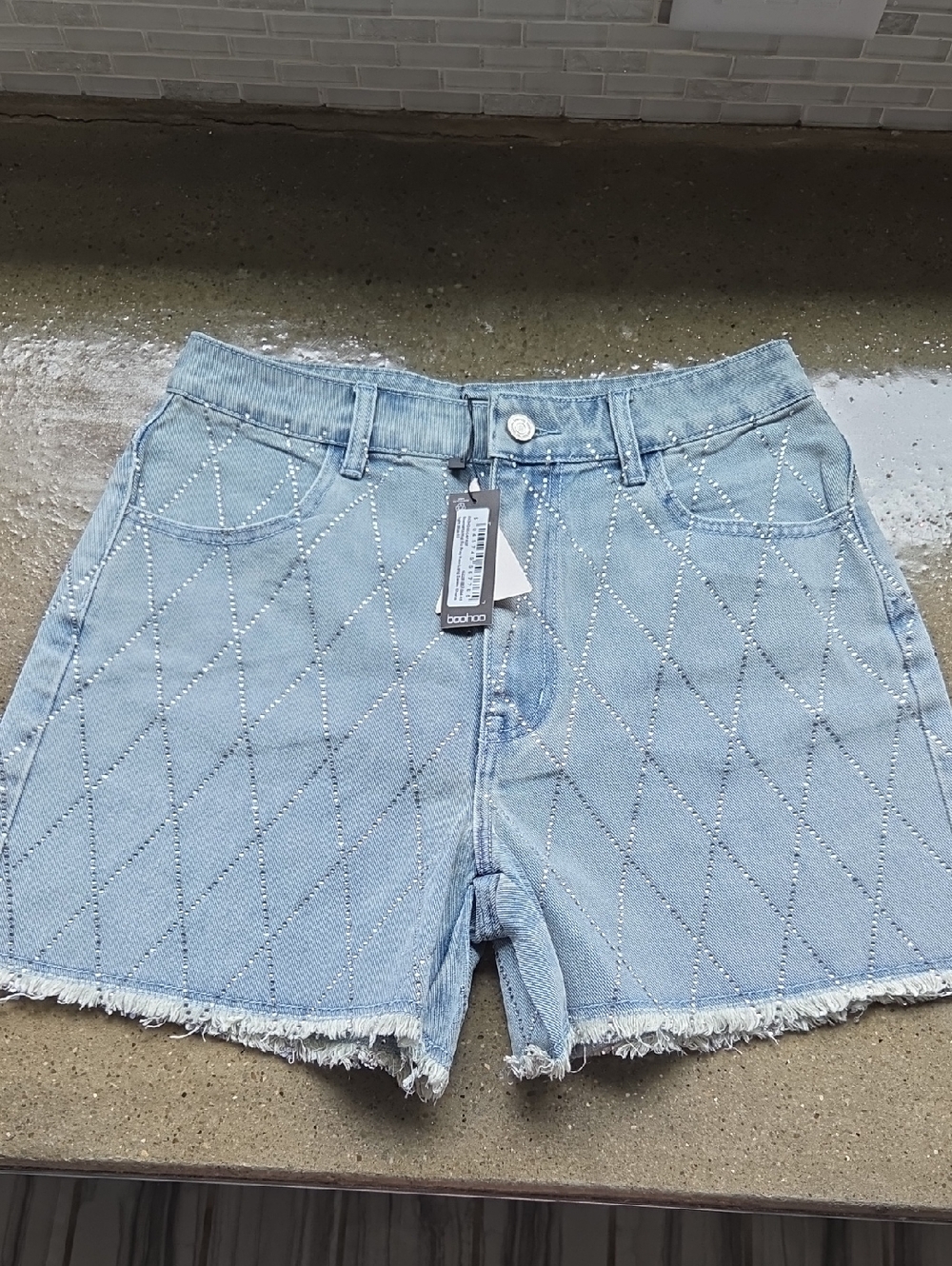 Boohoo Diamante Hot Fix Fray Hem Long Denim Shorts
